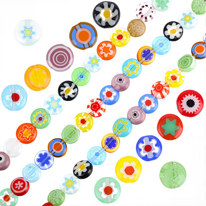 4 Нити плоских круглых бусин из стекла миллефиори ручной работы, один цветочный дизайн