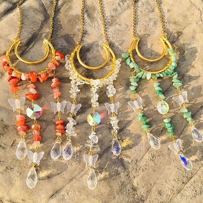 Natural Gemstone Chip Wrapped Metal Moon Hanging Ornaments, Glass Teardrop & Butterfly Tassel Suncatchers for Home Outdoor Decoration
