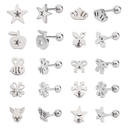 20 Pairs 10 Styles 304 Stainless Steel Barbell Cartilage Earrings, Screw Back Earrings, Mixed Shapes