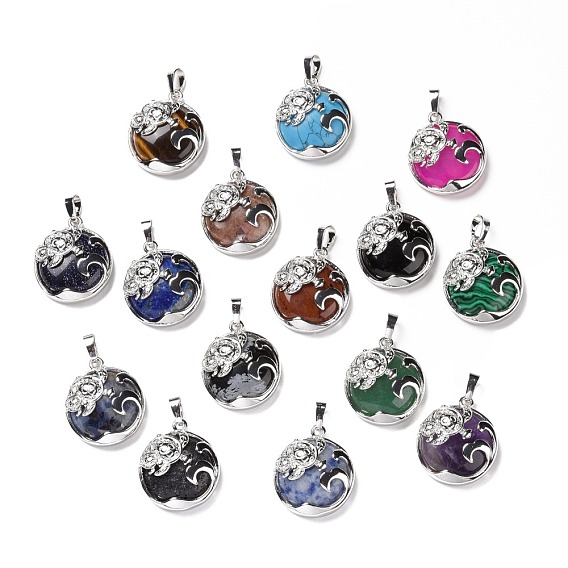 Natural & Synthetic Gemstone Pendants, with Platinum Tone Brass Findings, Mixed Dyed and Undyed, Flat Round with Sea Turtles