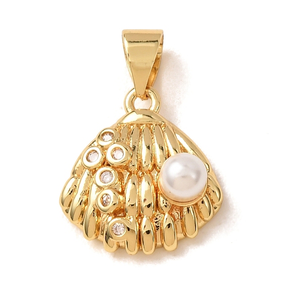 Brass Micro Pave Clear Cubic Zirconia with Plastic Pearl Charms, Shell Shape Charms
