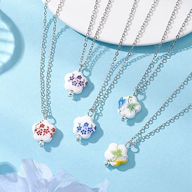 Женские ожерелья с подвеской в виде цветка из фарфора ручной работы с принтом, платина