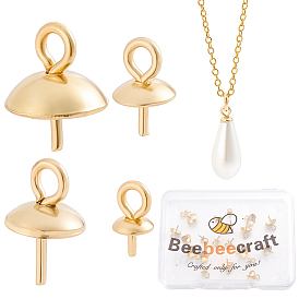 40Pcs 4 Styles Golden Plated 201 & 304 Stainless Steel Cup Pearl Peg Bails Pin Pendants, For Half Drilled Beads Making