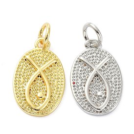 Rack Plating Rack Plating Brass Pendants, with Jump Ring, Long-Lasting Plated, Textured, Oval with Fish