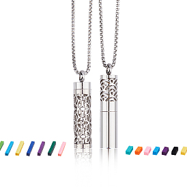 2 estilos 304 collares colgantes de botella de perfume con columna hueca de cadena de caja de acero inoxidable, Con almohadillas difusoras de aceites esenciales de fibra