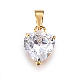 Cubic Zirconia Charms, with 304 Stainless Steel Findings, Heart, Clear