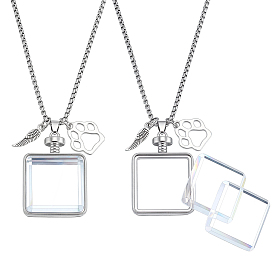 2Pcs Stainless Steel Chain Necklaces, with Alloy Locket Pendants and 4Pcs Glass Cabochons