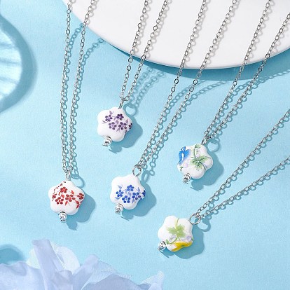 Женские ожерелья с подвеской в виде цветка из фарфора ручной работы с принтом, платина