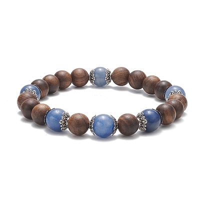 Natural Blue Aventurine & Wood Round Beaded Stretch Bracelet for Women