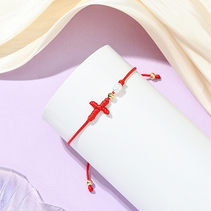 Браслеты из плетеных бусин, покрытых латунью методом гальванического покрытия и натуральным культивированным пресноводным жемчугом., нейлоновые регулируемые браслеты для женщин, крестик