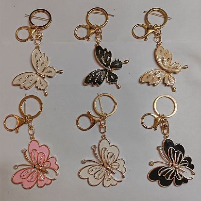 6 piezas 2 estilo mariposa aleación esmalte encanto llaveros, con fornituras de aleación, para la decoración del colgante del bolso de la llave del coche del llavero