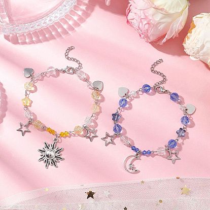 2шт 2 стили браслеты из стеклянных бусин, с подвесками из сплава и 304 концами из нержавеющей стали, старинное серебро и цвет нержавеющей стали