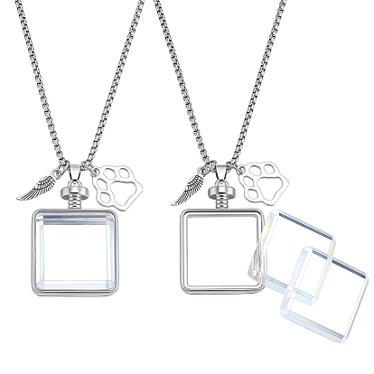 2Pcs Stainless Steel Chain Necklaces, with Alloy Locket Pendants and 4Pcs Glass Cabochons