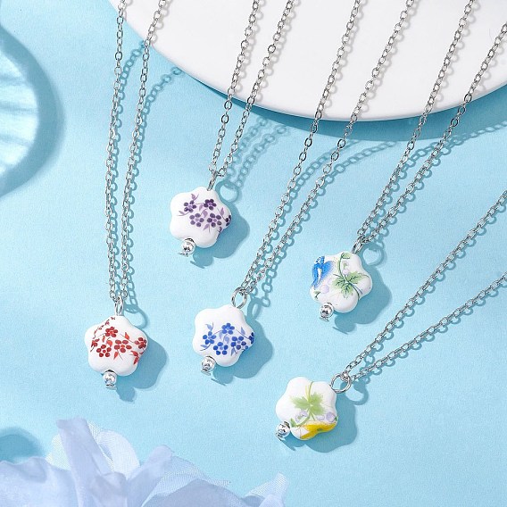Женские ожерелья с подвеской в виде цветка из фарфора ручной работы с принтом, платина