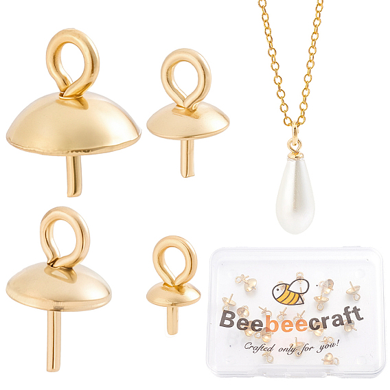 40Pcs 4 Styles Golden Plated 201 & 304 Stainless Steel Cup Pearl Peg Bails Pin Pendants, For Half Drilled Beads Making