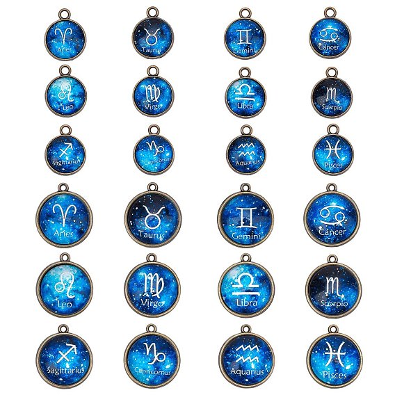 Alloy Glass Pendants, Half Round with Twelve Constellations