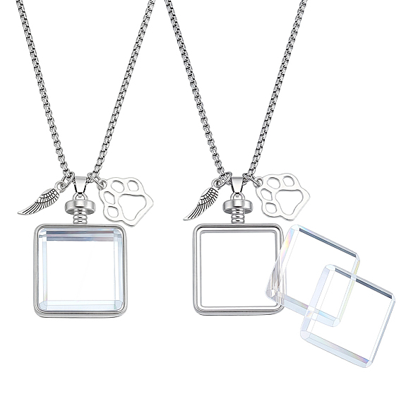 2Pcs Stainless Steel Chain Necklaces, with Alloy Locket Pendants and 4Pcs Glass Cabochons