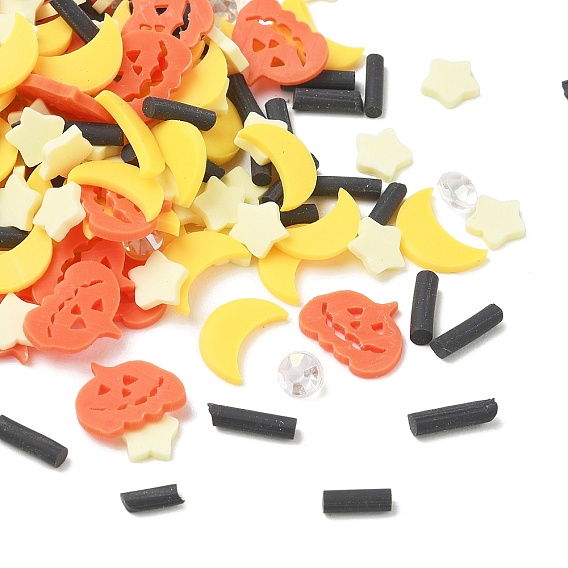 Halloween Handmade Polymer Clay Sprinkles Mix, Polymer Clay & & Plastic Rhinestone Cabochons, Moon & Star & Pumpkin, for Nail Art & Resin Decoration