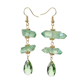 Dyed Natural Quartz Crystal Nugget & Teardrop Dangel Earrings, Real 18K Gold Plated Brass Long Drop Earrings