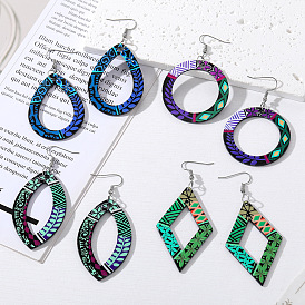Geometric Cutout Circle Earrings with Colorful Vintage Print, Statement Dangle for Women