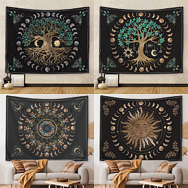 Árbol de la vida flor sol luna hippie telas decorativas, Tapiz colgante de pared mandala bohemio de poliéster, para la decoración de la sala de estar del dormitorio, Rectángulo