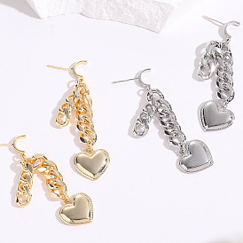 Asymmetric Heart Chain Earrings for Women - Silver Pin, Cool Metal Studs Jewelry