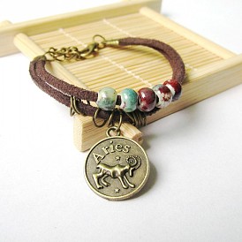 12 браслеты с подвесками в виде созвездий, браслеты из фарфоровых бусин ручной работы для мужчин, плоско-круглые, с плоской искусственной замши шнур