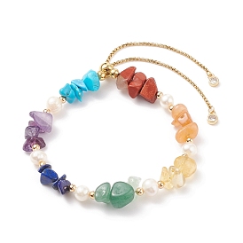 Bracelet silder perlé avec des éclats de pierres précieuses mélangées naturelles avec perle, 7 bijoux chakra pour femmes