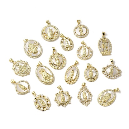 Овальные/ромбы/конский глаз/цветок/плоские круглые латунные подвески из ракушек, Религиозные обереги Девы Марии с прессом, имитирующим жемчуг, реальный 18 k позолоченный