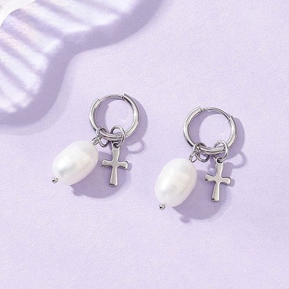 Натуральный культивированный пресноводный жемчуг рис с крестообразными серьгами-кольцами, фурнитура из нержавеющей стали 