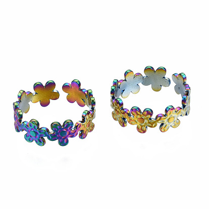 Flower Cuff Rings, Wide Open Rings, Rainbow Color 304 Stainless Steel Ring for Women