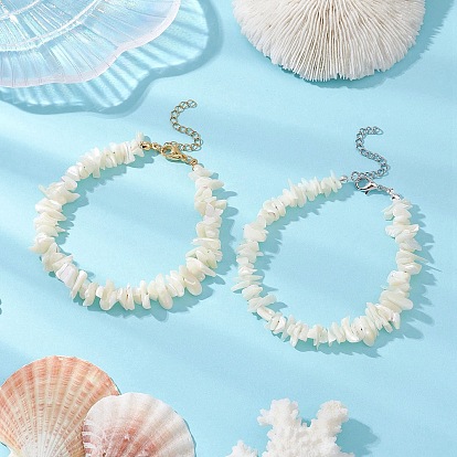 2Pcs Natural White Mother of Pearl Shell Chip Bead Bracelets for Couple Friendship