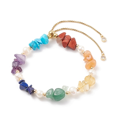 Natural Mixed Gemstone Chips Beaded Silder Bracelet with Pearl, 7 Chakra Jewelry for Women