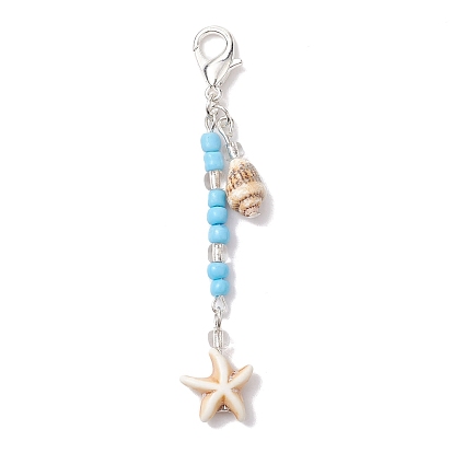 4 décorations de pendentifs en forme de coquille, perles de verre, perles turquoise synthétiques et fermoirs mousquetons en alliage de zinc