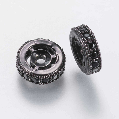 Brass Micro Pave Cubic Zirconia Beads, Flat Round, Black