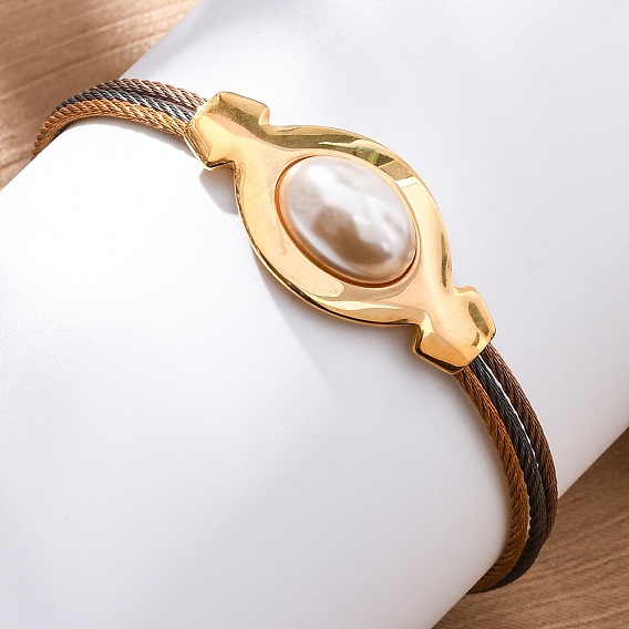 304 из нержавеющей стали браслеты многожильных, искусственный жемчуг украшения для женщин, овальные, ионное покрытие (ip)