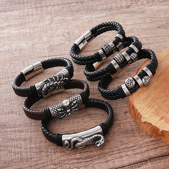 Vintage Braided PU Leather 304 Stainless Steel Bracelets with Magnetic Clasps for Men, Stainless Steel Color