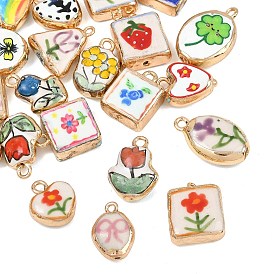 Printed Handmade Porcelain with Brass Pendants, Mixed Shapes Charms, Golden