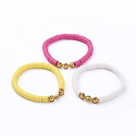 Bracelets élastiques, avec des perles heishi en pâte polymère, cadres de perles en laiton et perles en alliage plaqué or