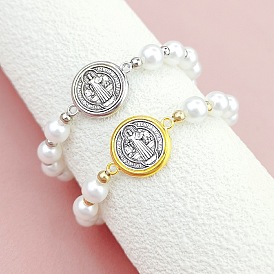 Plastic Pearl Beaded Stretch Bracelets, with Alloy Saint Benedict Links