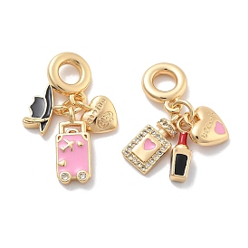Подвески из латуни с розовой эмалью и прозрачными кубическими цирконами, Подвески с большими отверстиями, без кадмия, без никеля и без свинца, реальный 18 k позолоченный