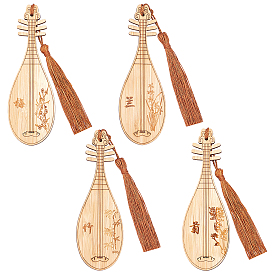 Nbeads 4Pcs 4 Style Ancient Musical Instrument Pipa Chinese Style Bookmark with Tassels for Book Lover, Chinese Character and Drawing Engraved Bamboo Bookmark, BurlyWood