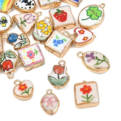 Printed Handmade Porcelain with Brass Pendants, Mixed Shapes Charms, Golden