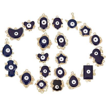 Eco-Friendly Alloy Enamel Pendants, Cadmium Free & Nickel Free & Lead Free, Mixed Shapes with Evil Eye, Light Gold