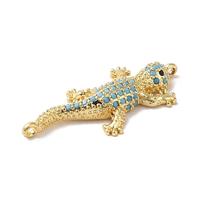 Rack Plating Brass Micro Pave Turquoise Color Cubic Zirconia Connector Charms, Gecko Links, Long-Lasting Plated, Lead Free & Cadmium Free