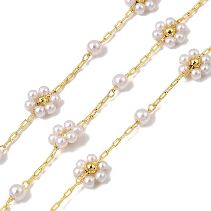 Латунные цепи с цветочными звеньями, с пластмассовой жемчужиной abs, стойки покрытие, долговечный, без свинца и без кадмия, несварные, с катушкой