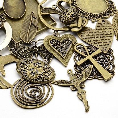 Mixed Antique Bronze Plated Tibetan Style Alloy Pendants, Nickel Free, 36~55x9~54.5x2~5mm, Hole: 2~5mm