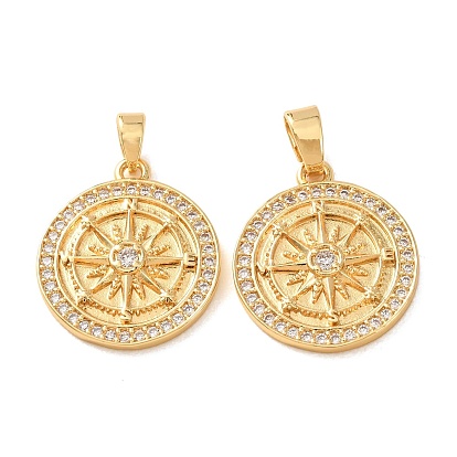 Brass Micro Pave Clear Cubic Zirconia Pendants, Flat Round & Star Charms, Rack Plating, Long-Lasting Plated, Cadmium Free & Lead Free, E-Coating