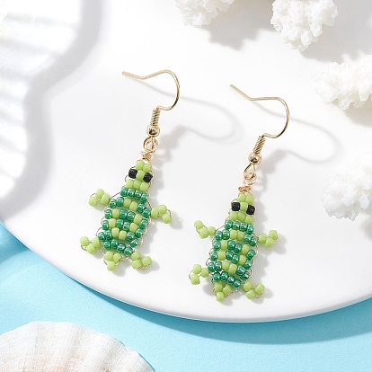 304 из нержавеющей стали болтаться серьги, со стеклянными бисеринами, Морская черепаха, реальный 18 k позолоченный