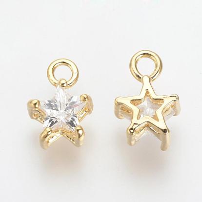 Brass Cubic Zirconia Charms, Nickel Free, Real 18K Gold Plated, Star